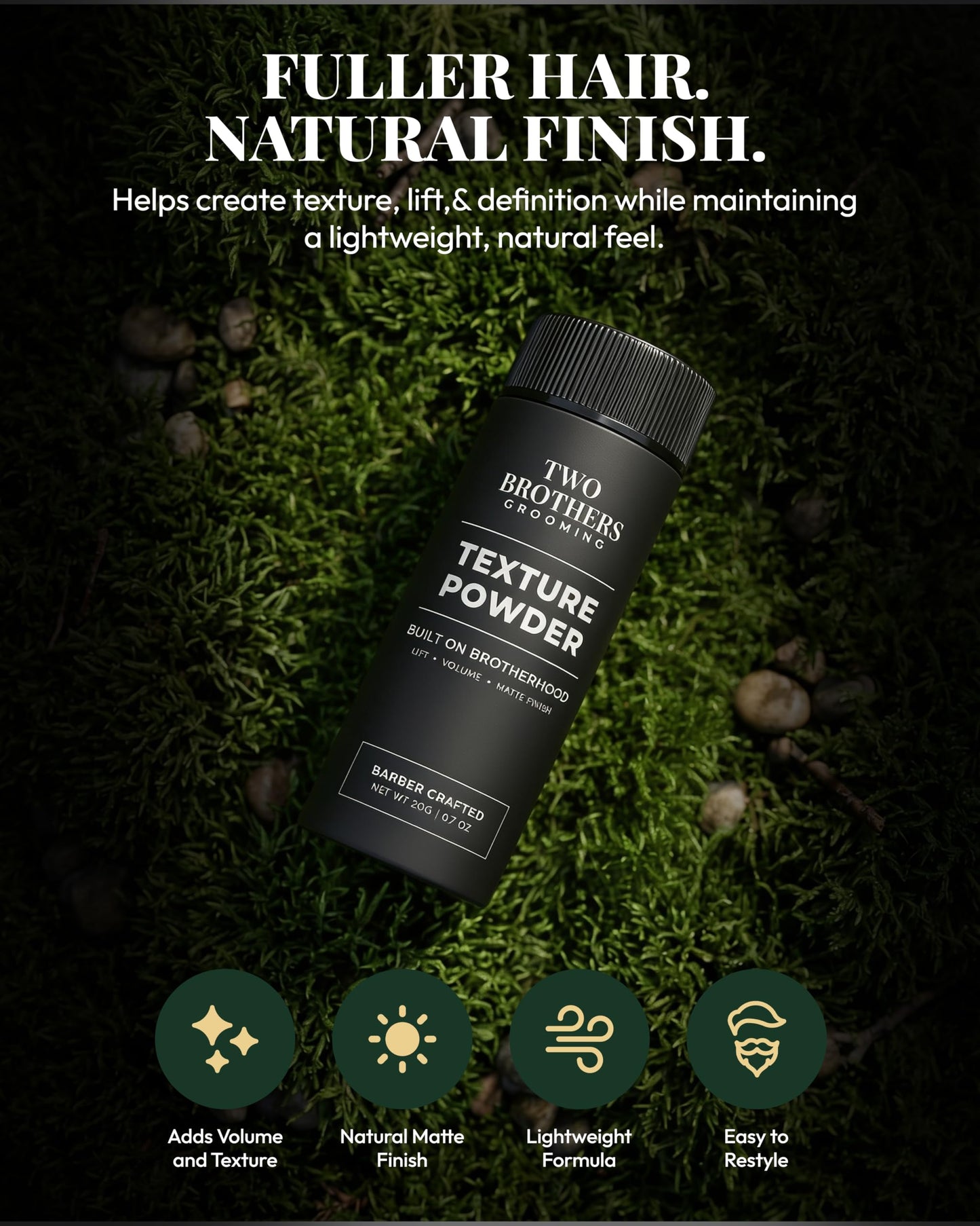 Two Brothers Grooming Texture Powder for Men, Barber Crafted Hair Styling Powder, Strong Hold Matte Finish, Adds Volume, Texture & Lift, Lightweight