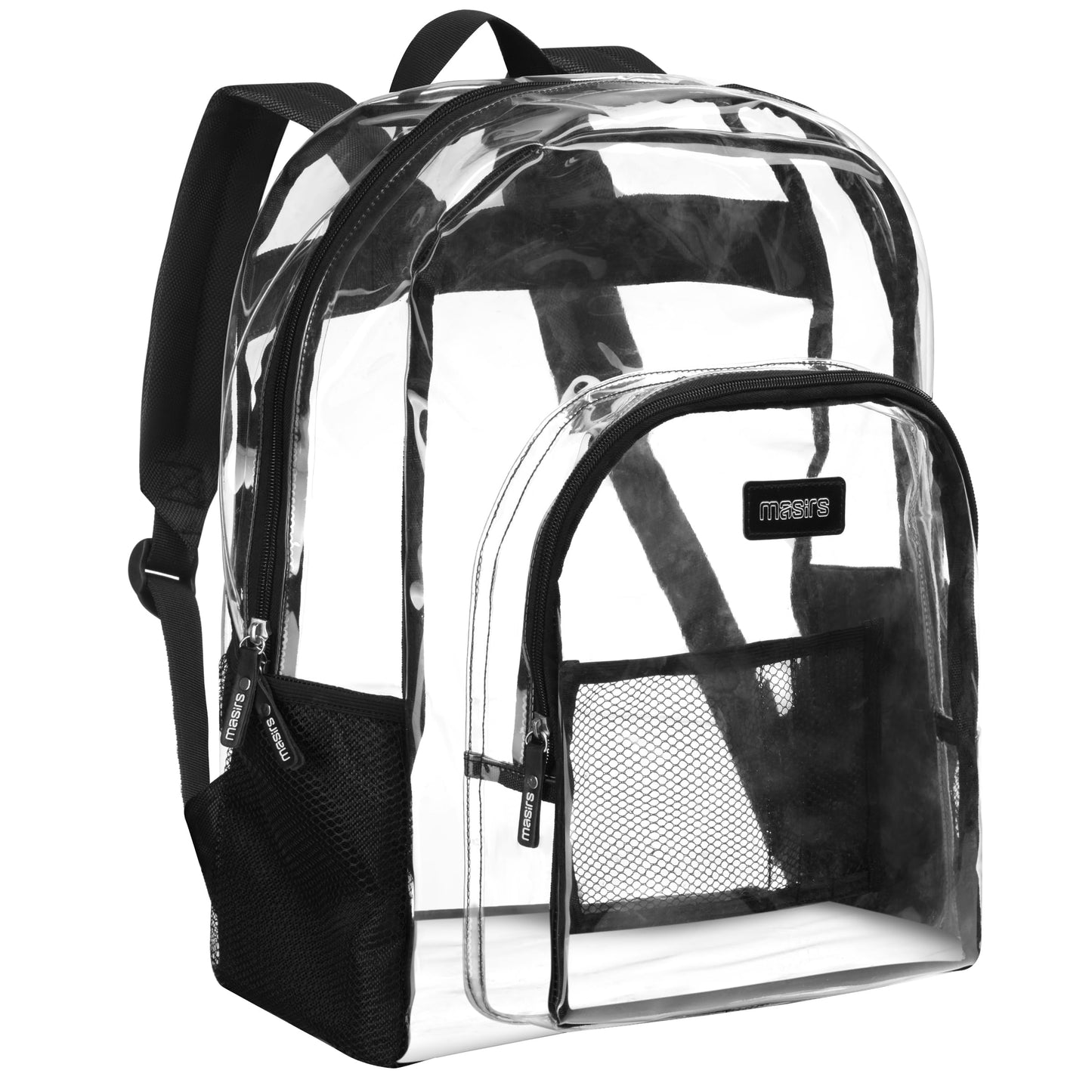 Masirs Heavy Duty Clear Backpack, Stadium Approved Transparent Design, Quick Access at Security Checkpoints, Adjustable Shoulder Straps, Dual Zippered Compartments & Mesh Side Pockets, (16"H x 11"W)