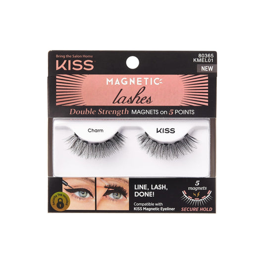 KISS Magnetic Lashes, Charm, 1 Pair of Synthetic False Eyelashes With 5 Double Strength Magnets, Wind Resistant, Dermatologist Tested Fake Lashes Last