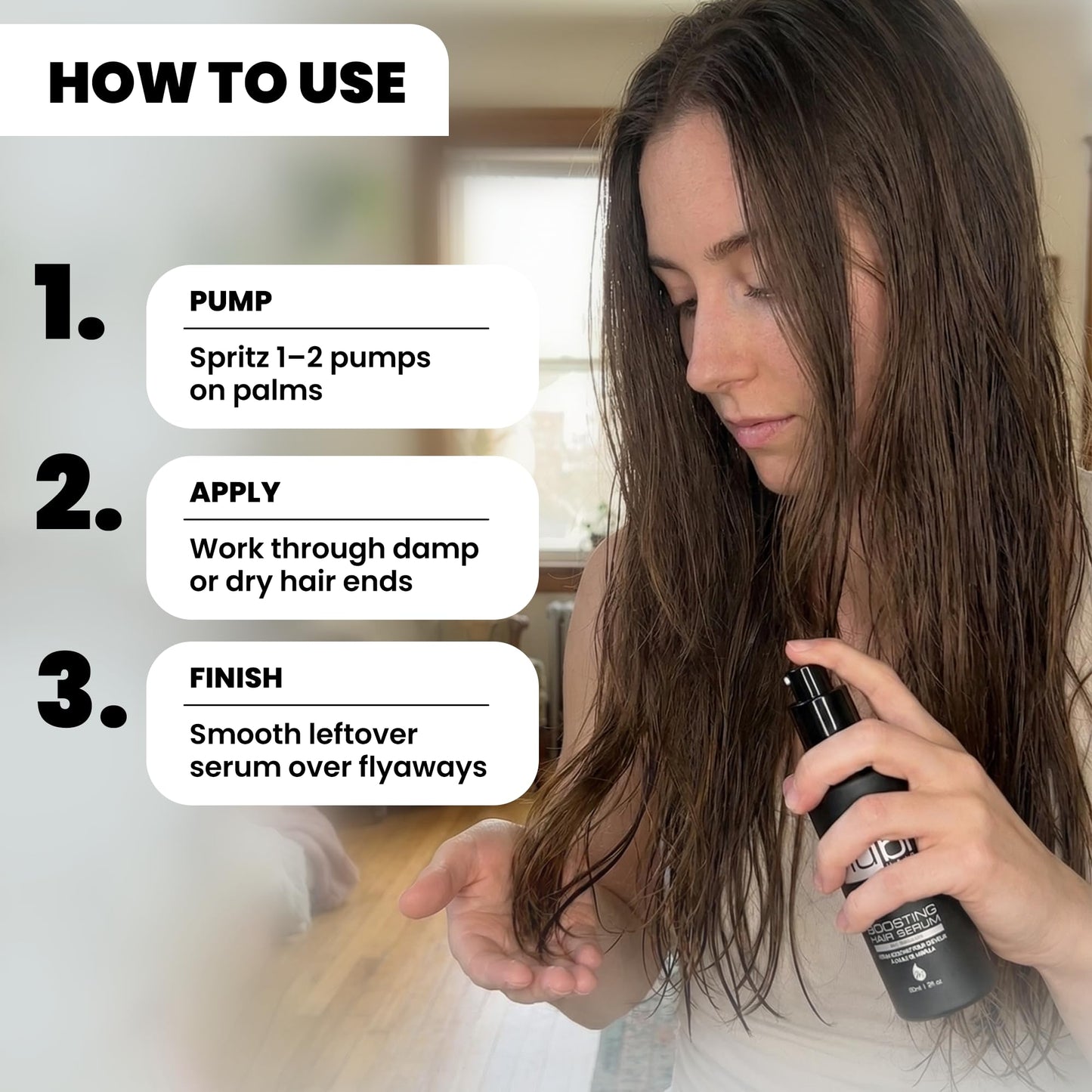 Nubi Hair Silky Smooth Hair Serum for All Hair Types, Contains Marula Oil, Aloe Vera and Vitamin E, Non-Greasy Formula, Boosts Shine and Promotes Hair