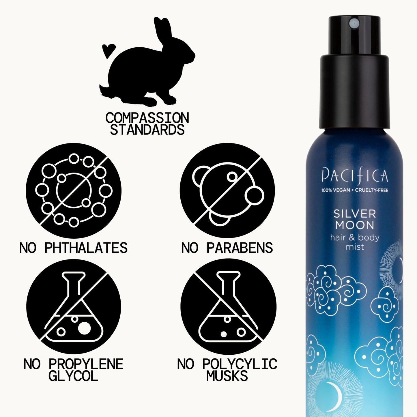 Pacifica Silver Moon Hair Mist Perfume & Full Body Spray for Women - Body Mist Fragrance w/BTonka, Santal, Cardamom, Vanilla Bean, Musk & Amber -
