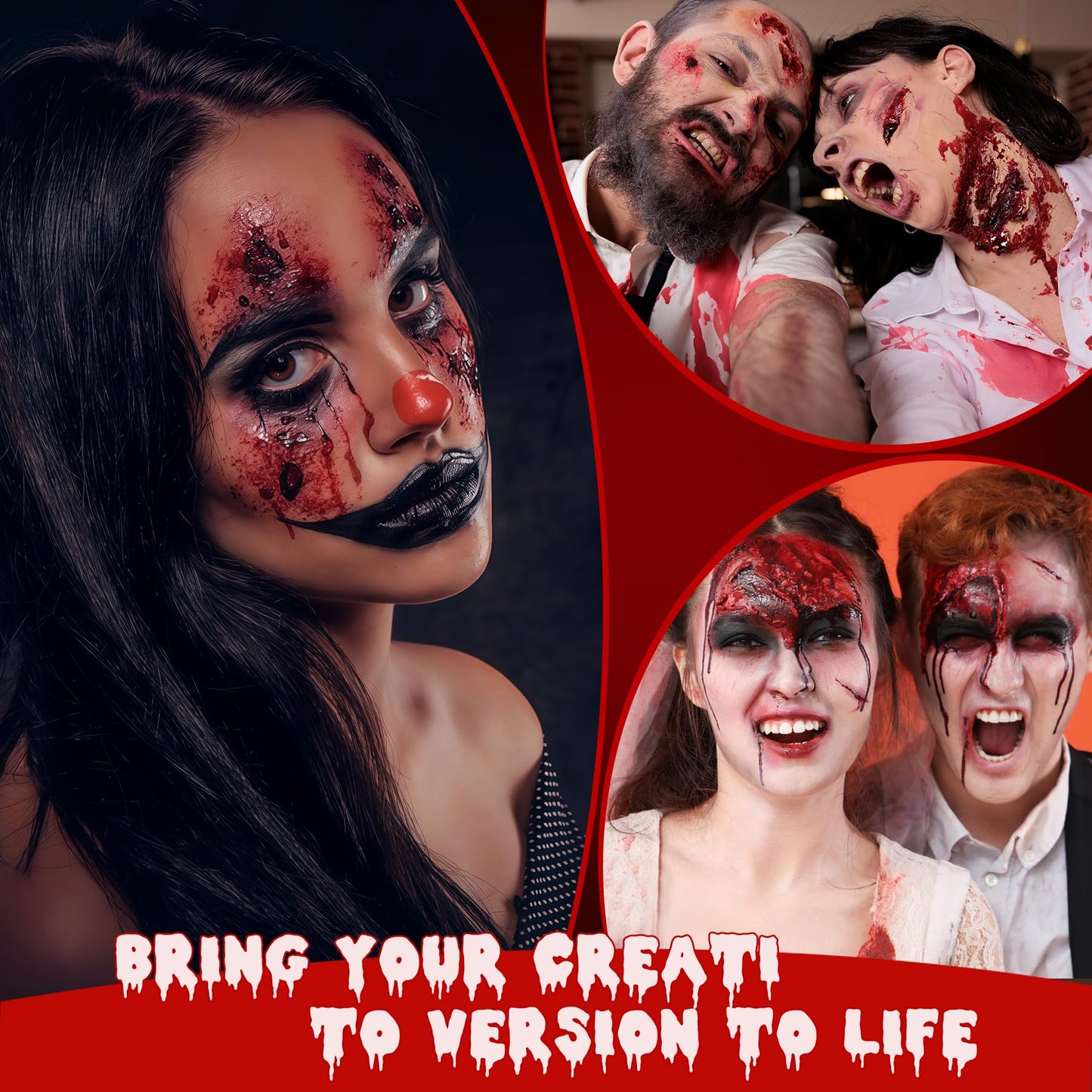 JAYUWE 7 PCS Halloween Fake Blood Spray Makeup Kit - Fake Blood 2.1oz X4 + Coagulated Blood Gel 1.41oz + Soap + Sponge, Washable Blood Paint