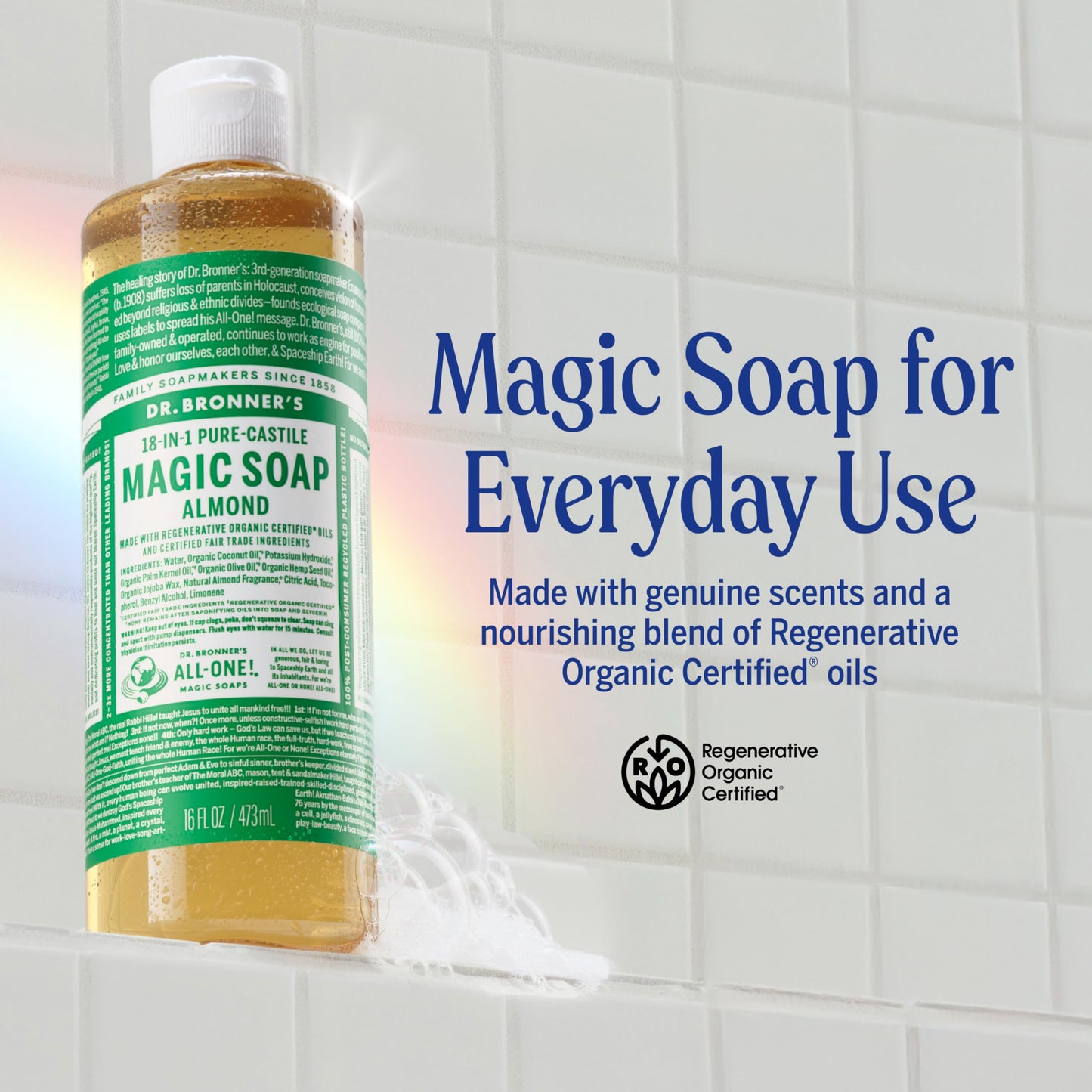 Dr. Bronner's Pure-Castile Magic Soap Liquid (Almond, 32 Ounce) - Made with Regenerative Organic Certified Oils, 18-in-1 Uses: Face, Body, Hair