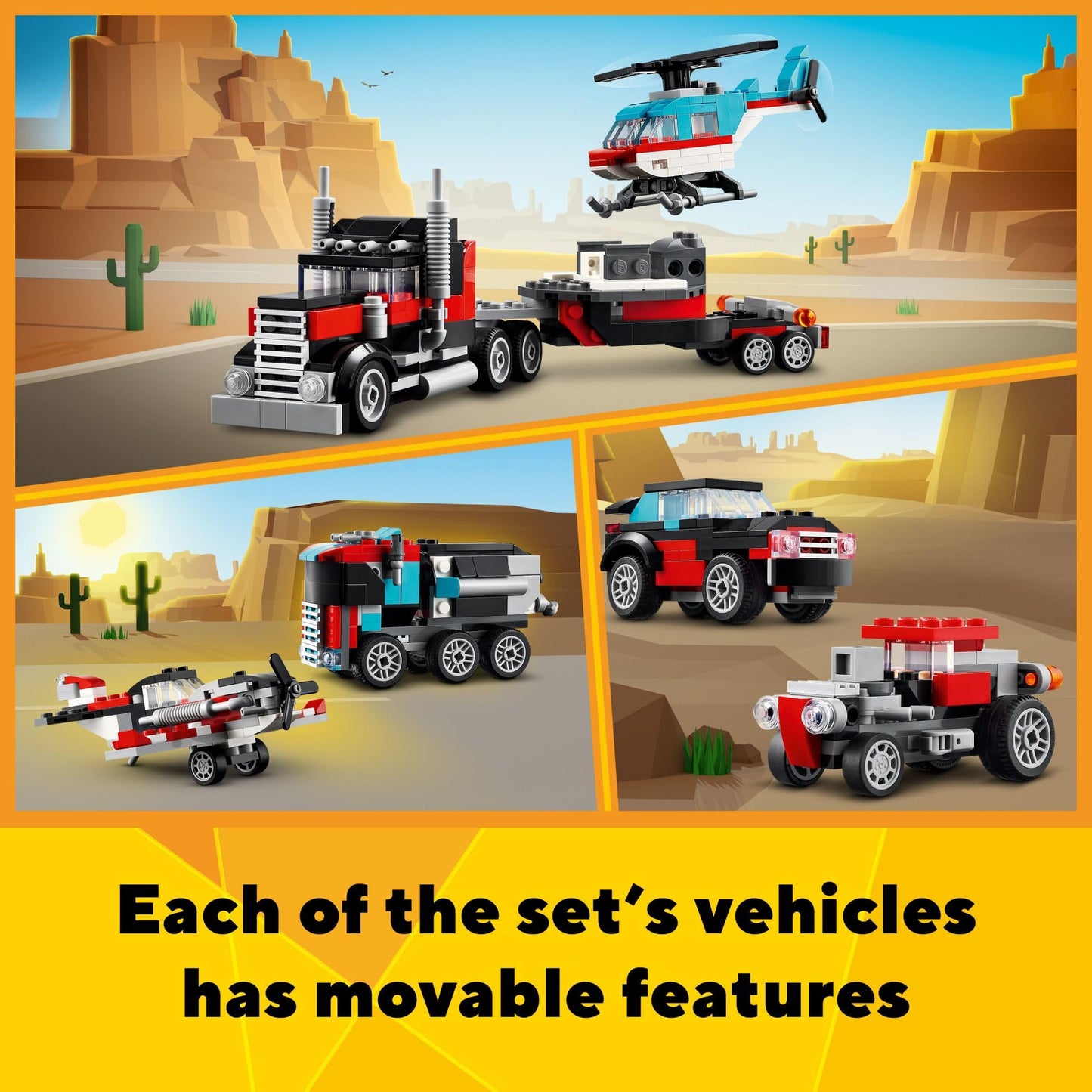 LEGO Creator 3 in 1 Flatbed Truck with Helicopter 31146, Buildable Toy Transforms into Plane, Hot Rod or SUV, Gift for Kids Ages 7+
