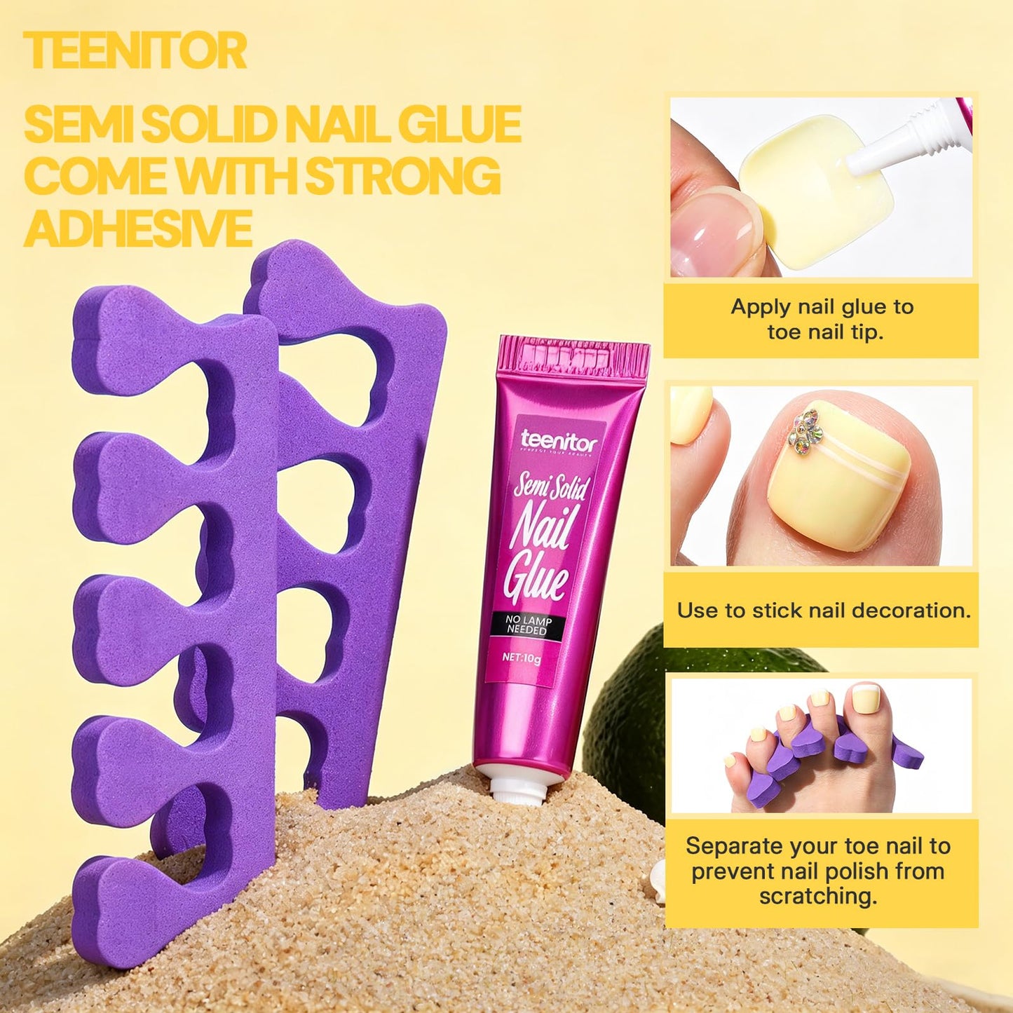 Teenitor Toe Nail Press ons with Nail Glue, 120pcs Yellow Press on Toenails Beauty and Personal Care Teenitor