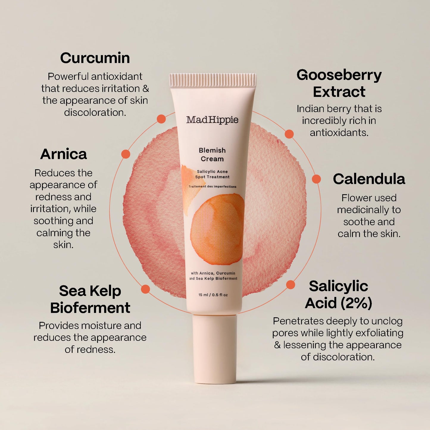 Mad Hippie Blemish Cream - Acne Spot Treatment with 2% Salicylic Acid and Redness Reducing Arnica, Curcumin, and Calendula, 0.5 Oz