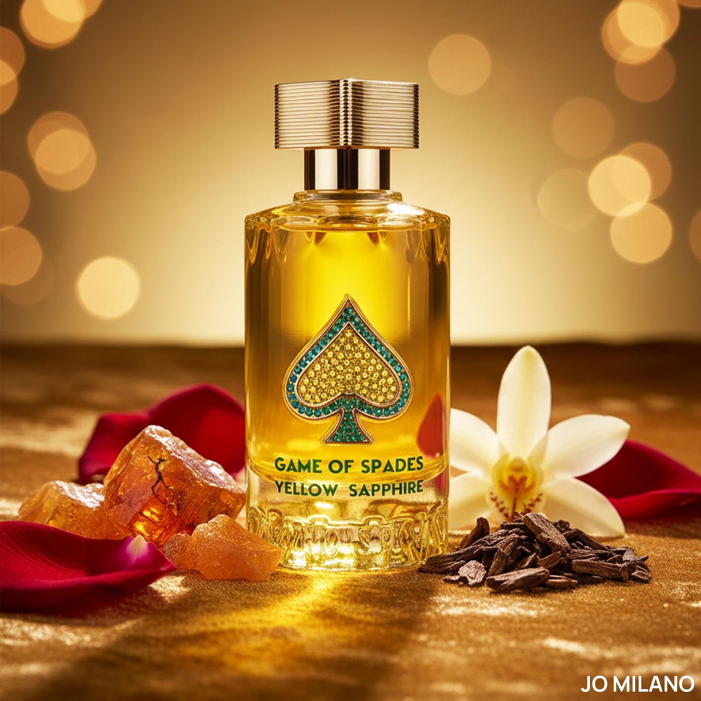Jo Milano Game of Spades Yellow Sapphire Parfum Spray | 3.4 oz (100ml) | Amber, Sweet, Musky, Rose, Oud, Floral Scent | Long Lasting Fragrance for Men