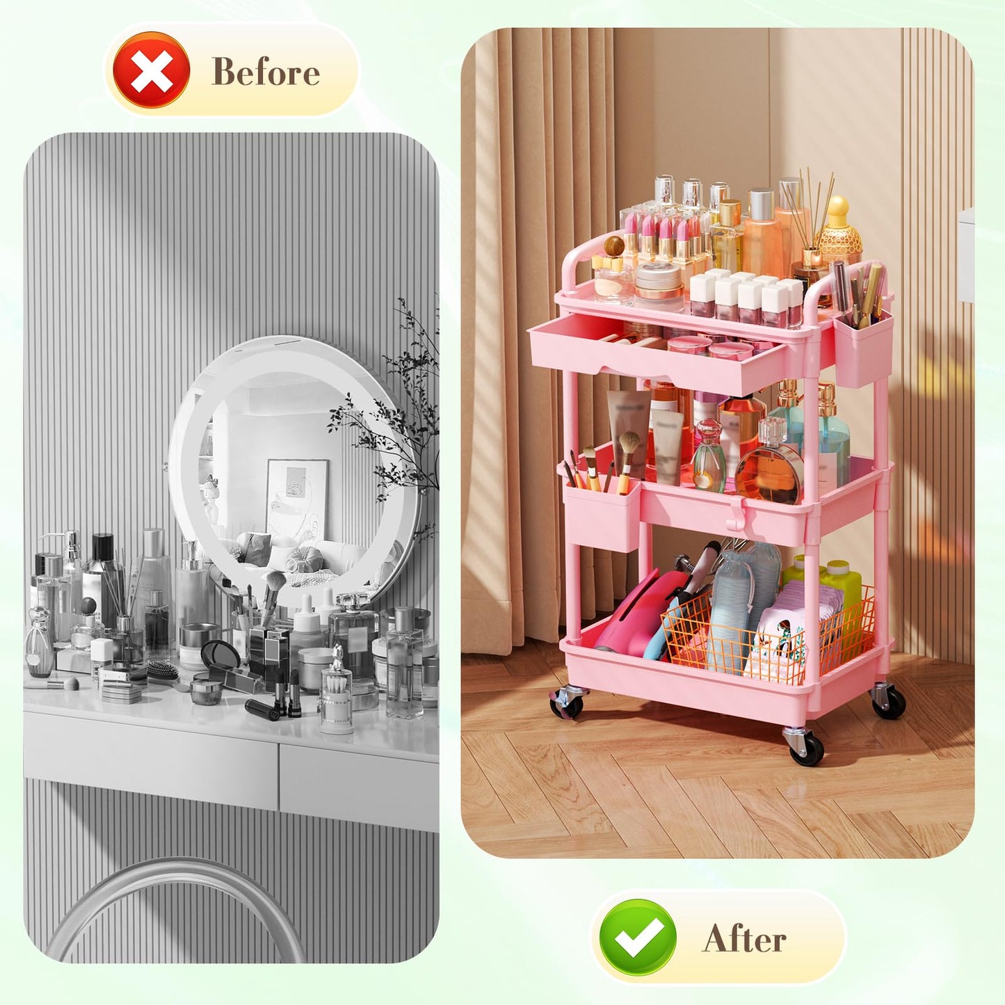 SUNALLY Makeup Cart Organizer with Drawers, Floor Skincare Organizers Vanity Storage Organizer, Rolling Makeup Bathroom Storage Cart Cosmetics Display Beauty and Personal Care SUNALLY