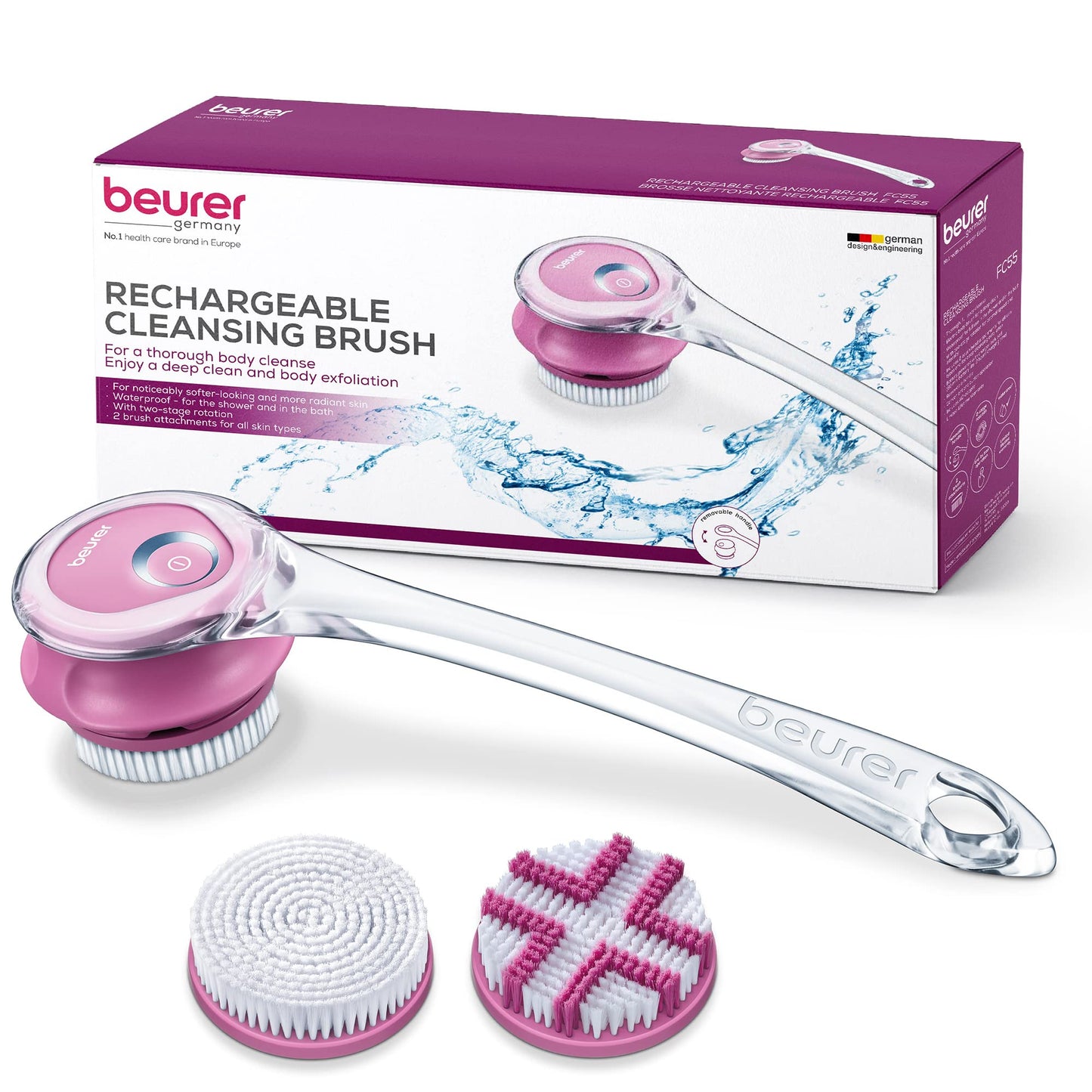 Beurer FC55 Electric Body Scrubber for Exfoliating and Massage, Waterproof for Showering, Cordless and Rechargeable, Spinning Skin Cleansing Brush