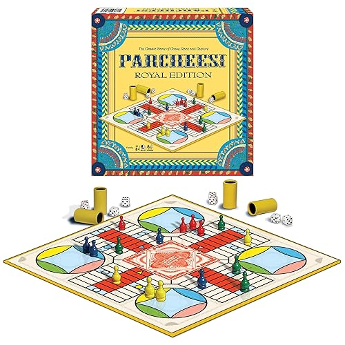 Parcheesi Royal Edition by Winning Moves Games USA, classic family favorite featuring charming artwork, tokens and dice cups for 2-4 players, Ages 8+…