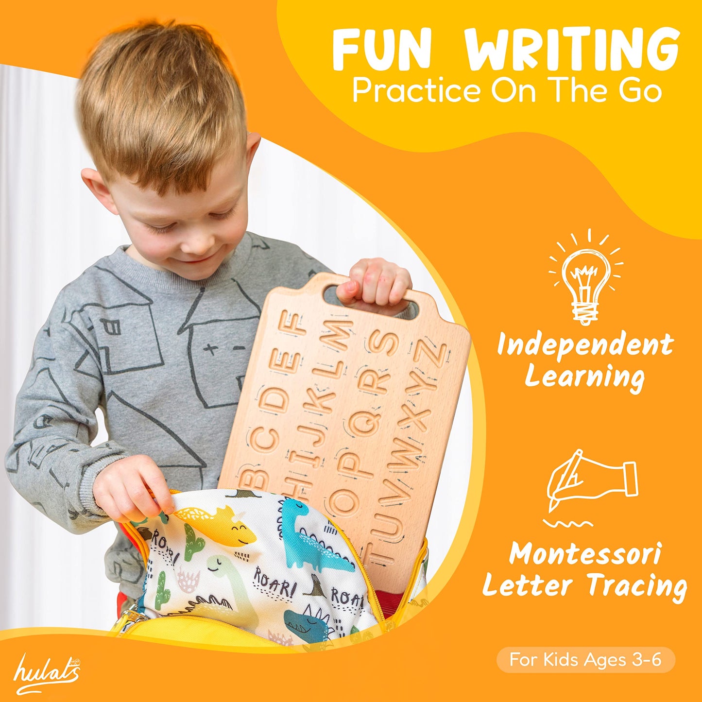 Hulats Wooden Alphabet Tracing Board – Montessori Sensory Writing Pad for Kids Ages 3–5, Portable Learning Toy for Letter Writing Practice