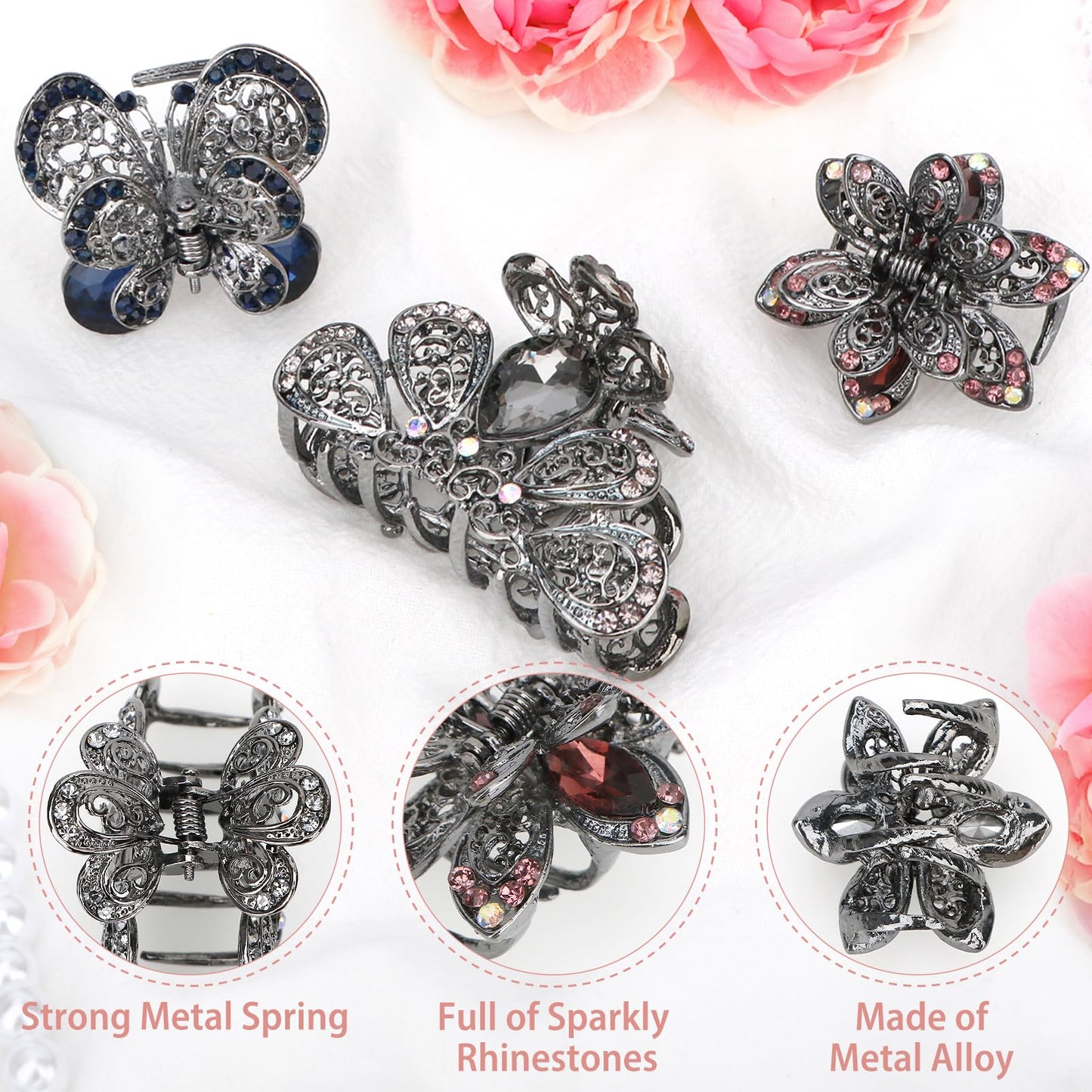 kilofly 3pc Vintage Crystal Hair Claw Clips Long Thick Hair Metal Clamps