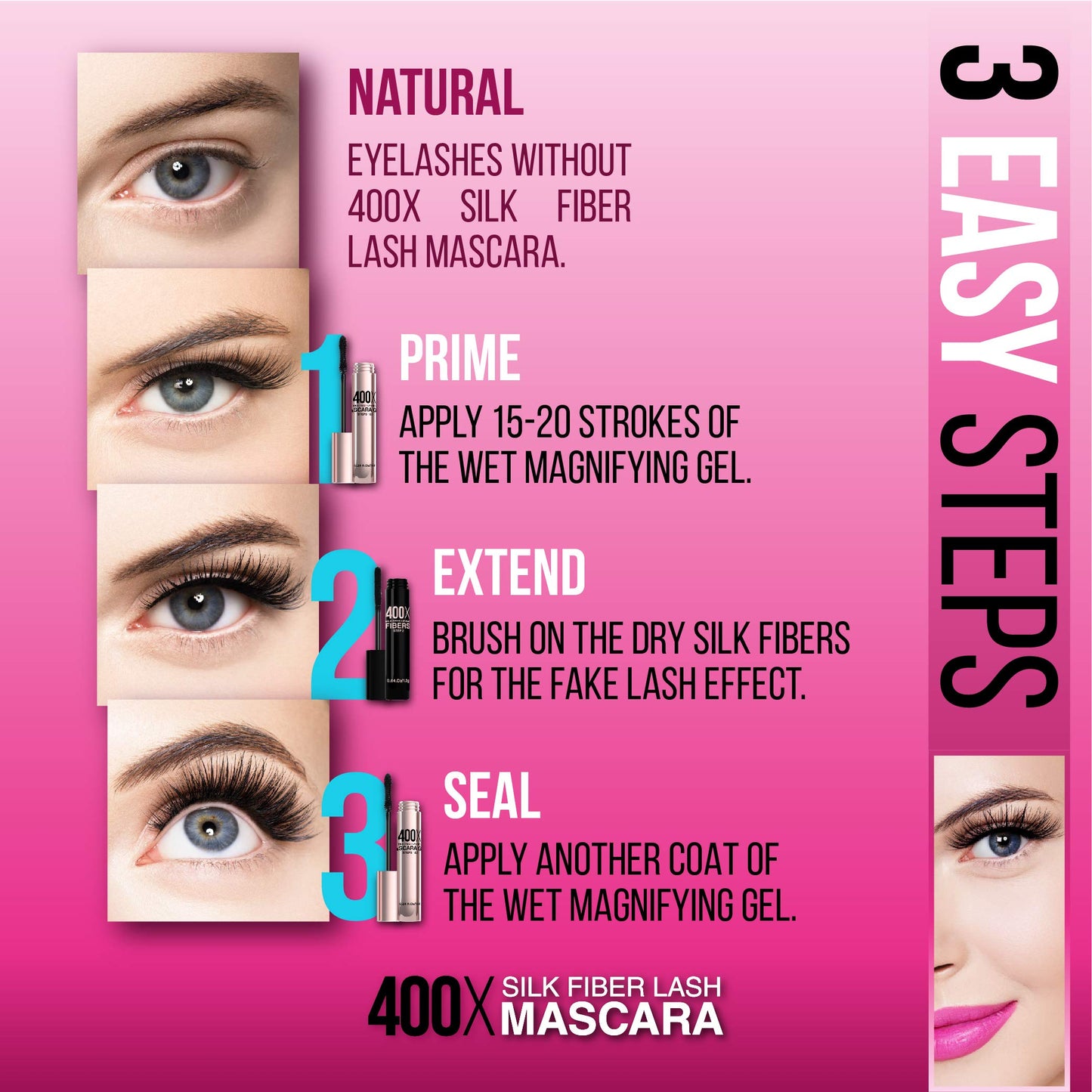 400X Pure Silk Fiber Lash Mascara [Ultra Black Volume and Length], Longer & Thicker Eyelashes. Waterproof, Long Lasting, Instant & Very Easy to Apply