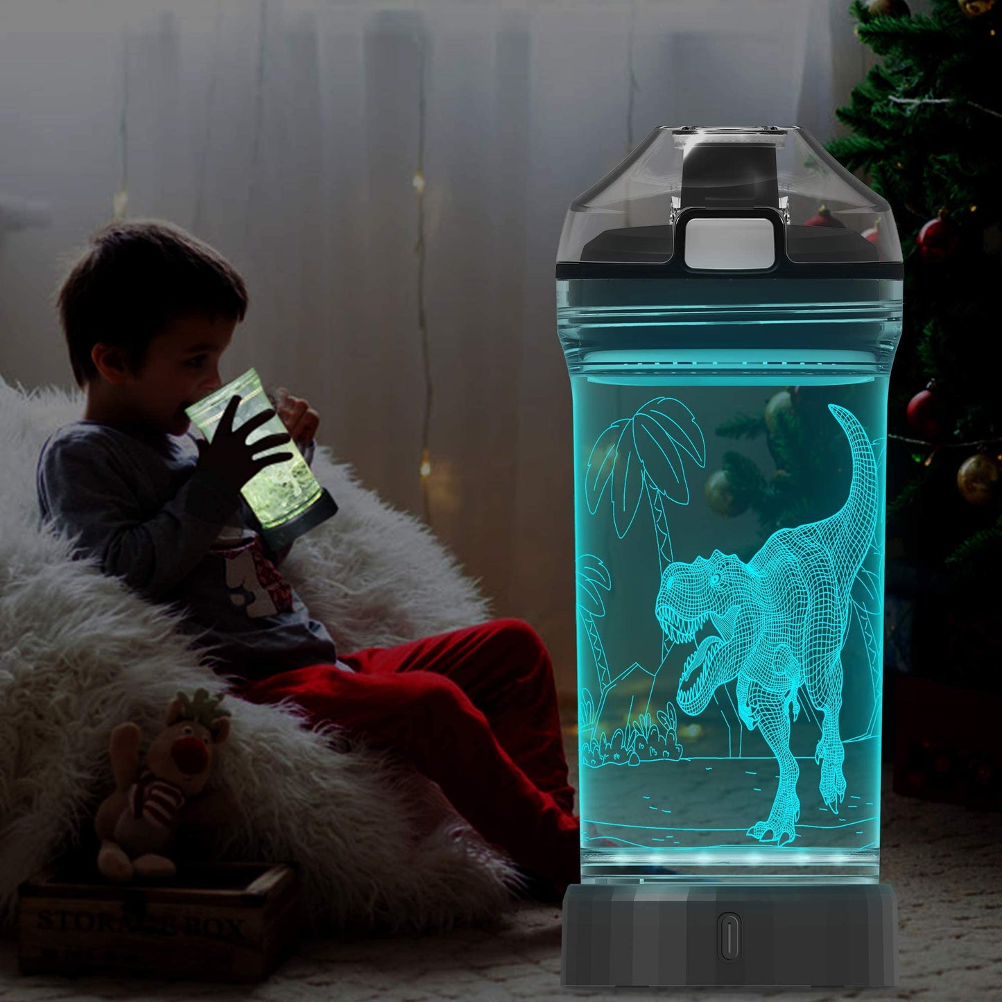 Lightzz Dinosaur Water Bottle, Dinosaur Toys for Boys 5-7 8-12 with 3D Glowing Light, Dinosaur Gifts for Boys Teens School Holiday Camping Picnic