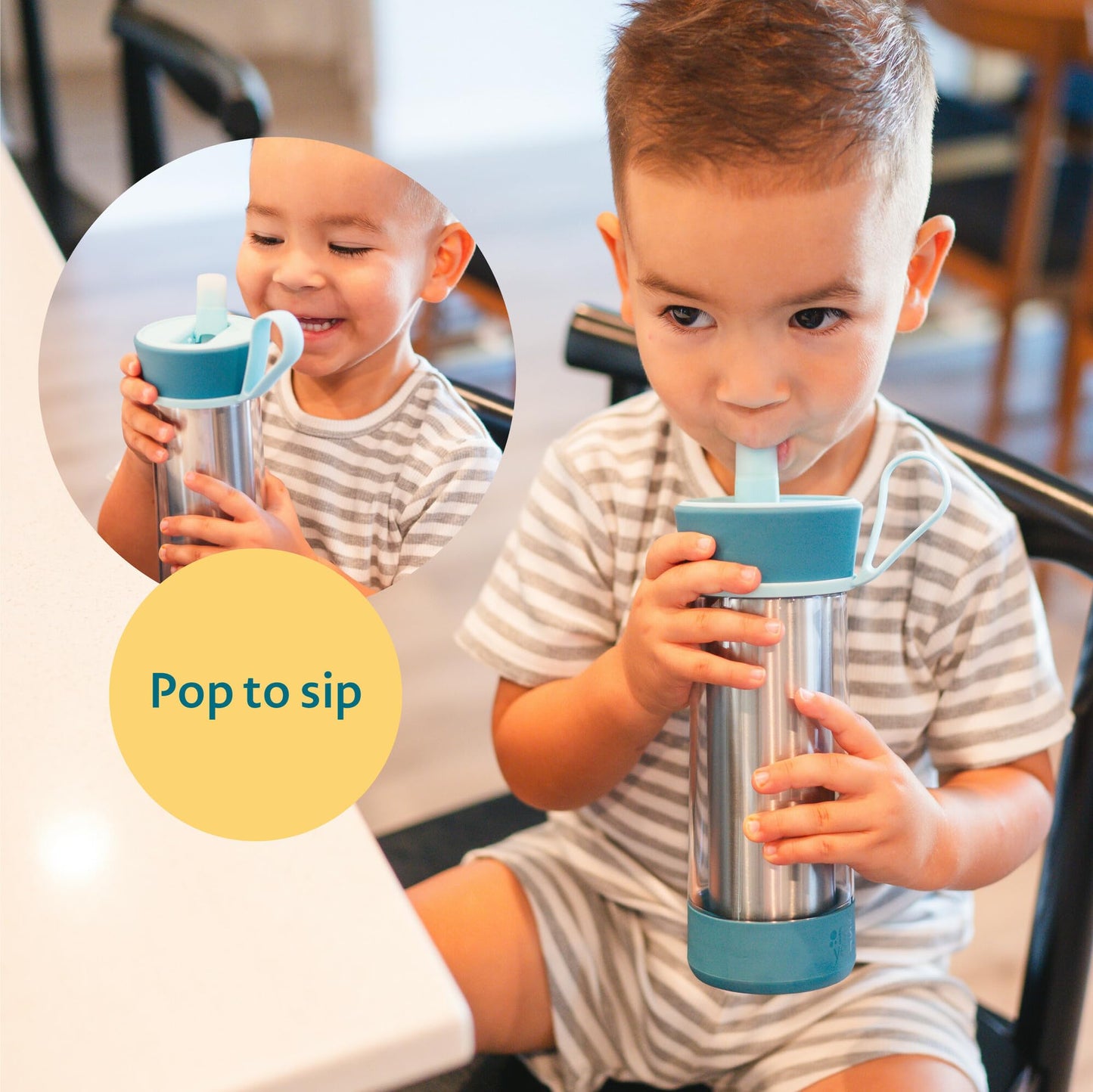 The First Years CoolCore Insulated Kids Water Bottle - Stainless Steel With Straw - Silicone Spout Leak Proof - for School