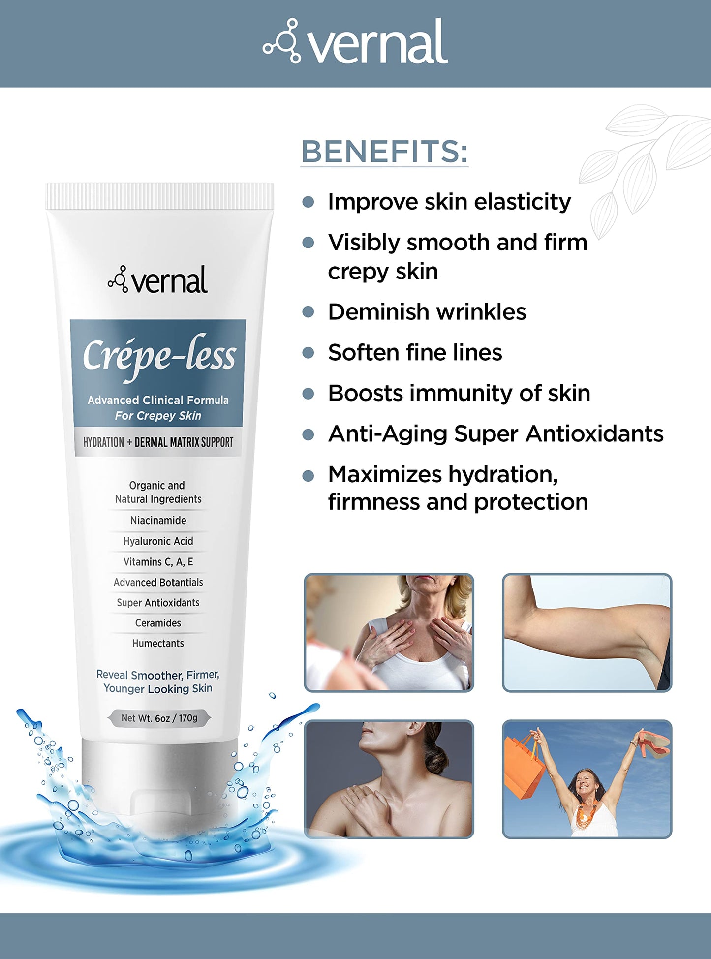 Vernal Crepe-less skin firming cream to reduce crepey arms, neck & hands. Organic tightening cream to reduce thin dry wrinkled skin. Best moisturizer