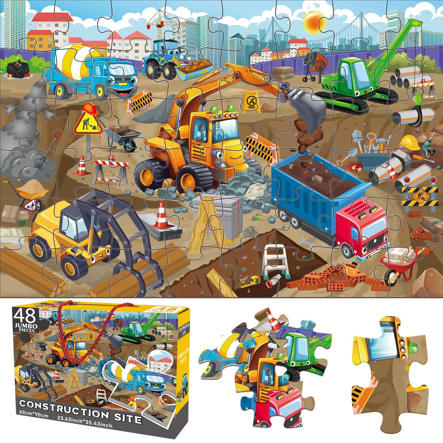 Jadeso 48-Piece Jumbo Floor Puzzle for Kids Ages 3-8 – Large Construction Site Jigsaw, Educational Preschool Learning Toy & Gift