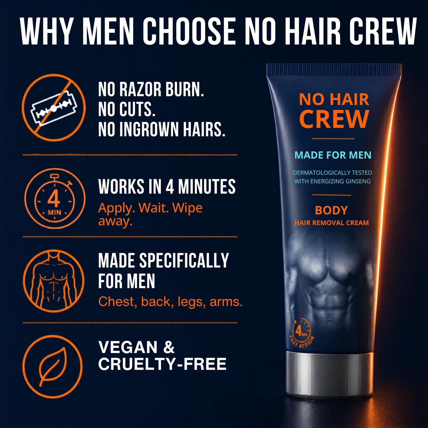 No Hair Crew Body At Home Hair Removal Cream for Manscaping Unwanted Hair with Energizing Ginseng, Premium Depilatory, Painless & Flawless, Made Beauty and Personal Care NO HAIR CREW