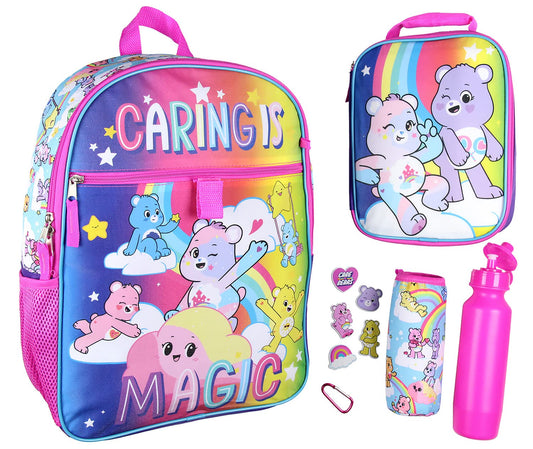 Bioworld Carebears Caring Is Magic 16" Backpack Lunch Tote Water Bottle Sticker Set 5 Pc Mega Set