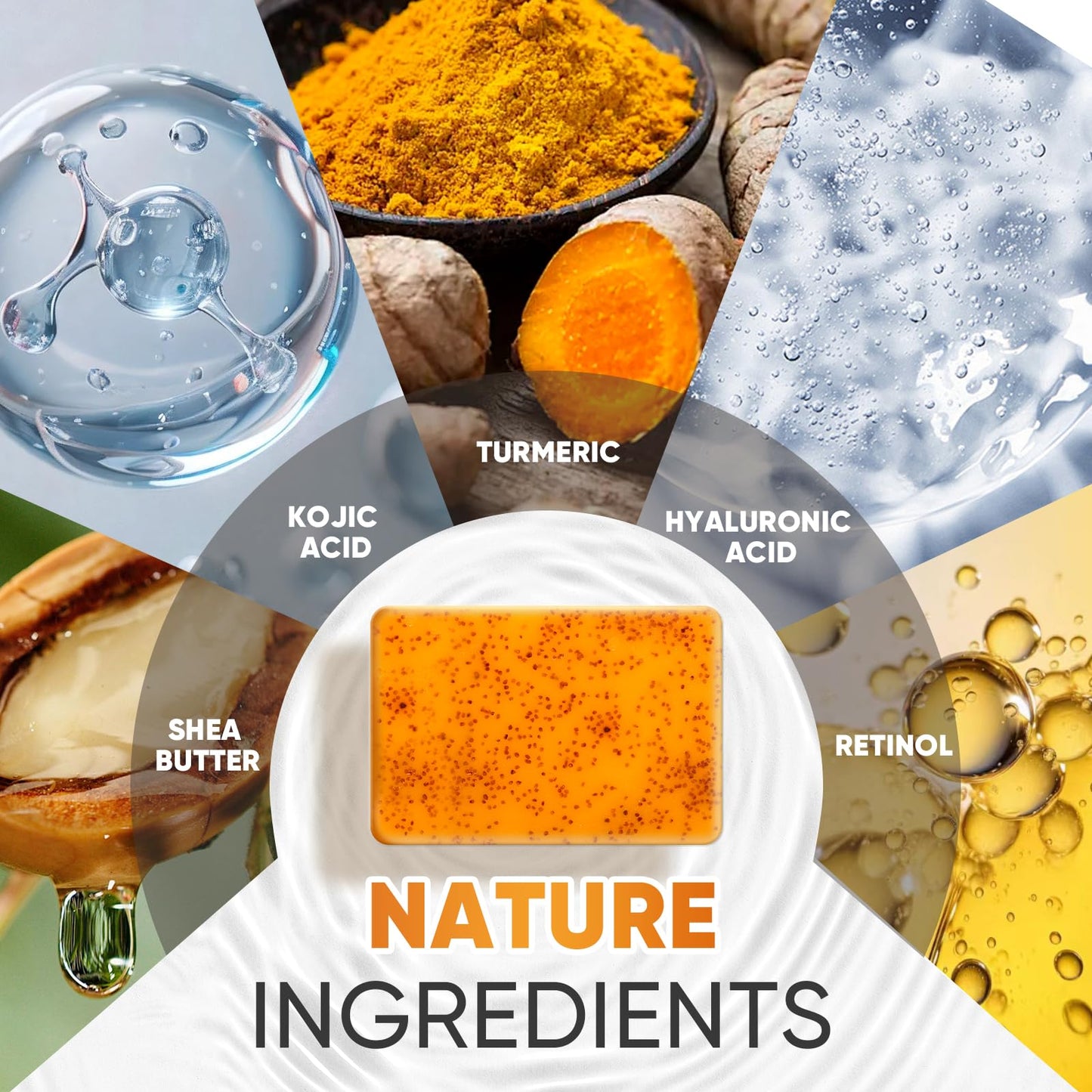 OAKDOLCHE 3P Turmeric Kojic Acid Soap Bars with African Exfoliating Net Sponge, Infused with Retinol, Vitamin E & Shea Butter - For Face & Body, SLS Beauty and Personal Care OAKDOLCHE