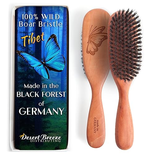 100% Wild Boar Bristle Hairbrush for Natural Healthy Hair, Medium Soft Tibet Bristles, Pear Wood Handle, Wooden Hair Brush for Fine or Thinning Hair