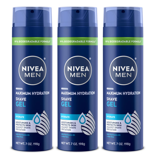 NIVEA MEN Maximum Hydration Shave Gel with Aloe Vera and Provitamin B5, 3 Pack of 7 Oz Cans