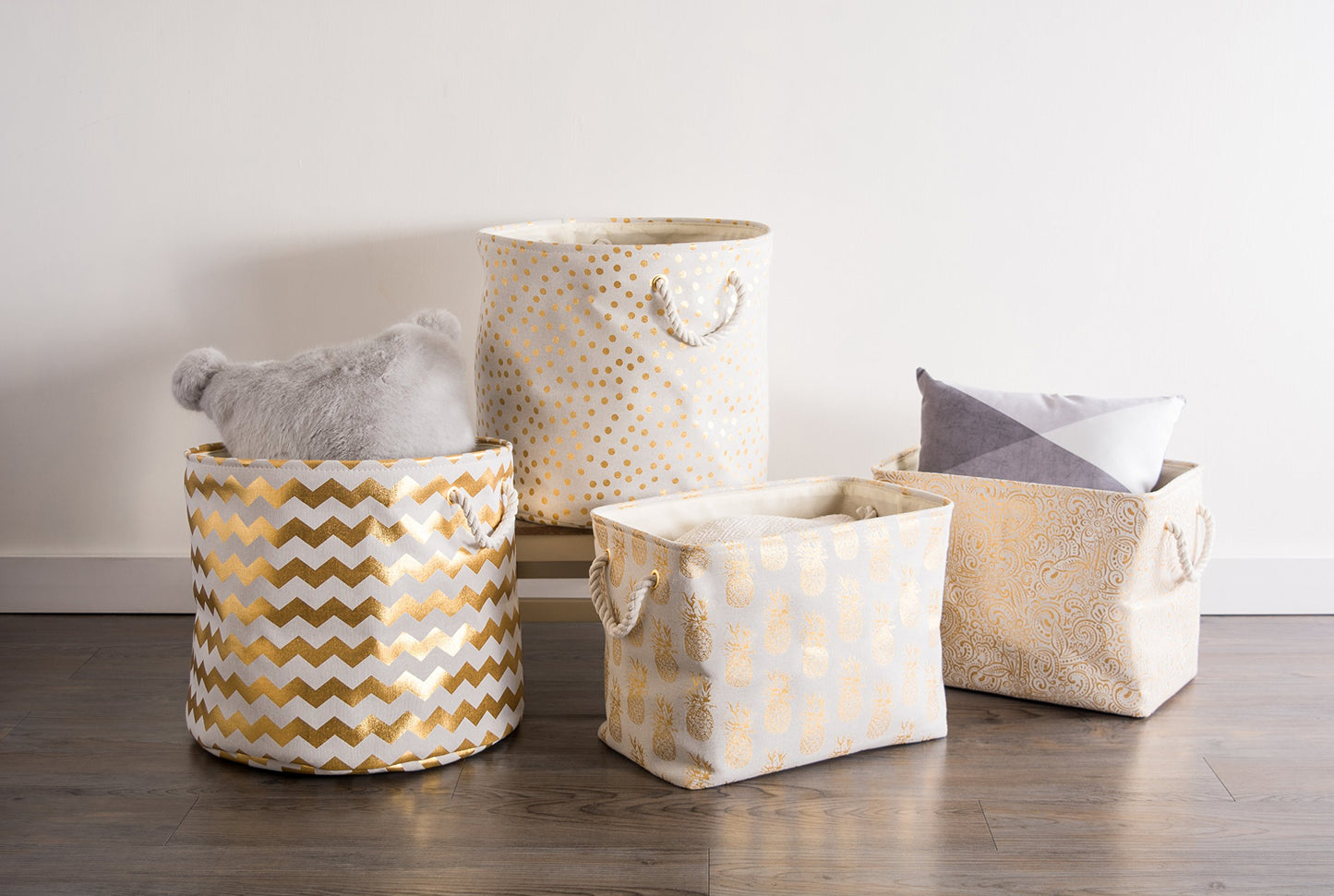 DII Polyester Storage Bin, Gold Metallic Collection Collapsible with Handles, Large, Natural Off-White