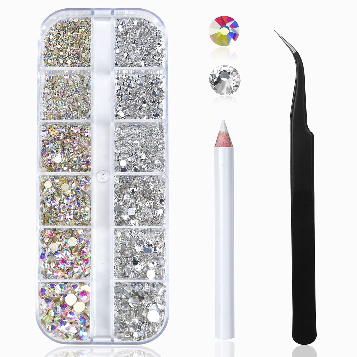 Nail Art Rhinestones Kit HUETFAT 2400pcs Nail Gems Ab Flatback Rhinestones Gems Stones, with Storage Organizer Box/Wax Pencil/Tweezers 6 Sizes