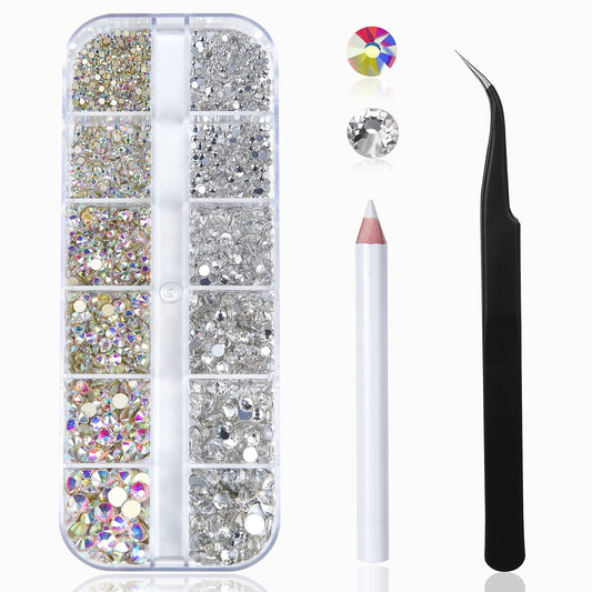 Nail Art Rhinestones Kit HUETFAT 2400pcs Nail Gems Ab Flatback Rhinestones Gems Stones, with Storage Organizer Box/Wax Pencil/Tweezers 6 Sizes