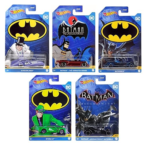 Hot Wheels Batman 2022 Complete Bundle of 5 (HDG89‑956D) | Five Iconic Batman Die‑Cast Vehicles - 1:64 Scale for Collectors & Kids Ages 3+