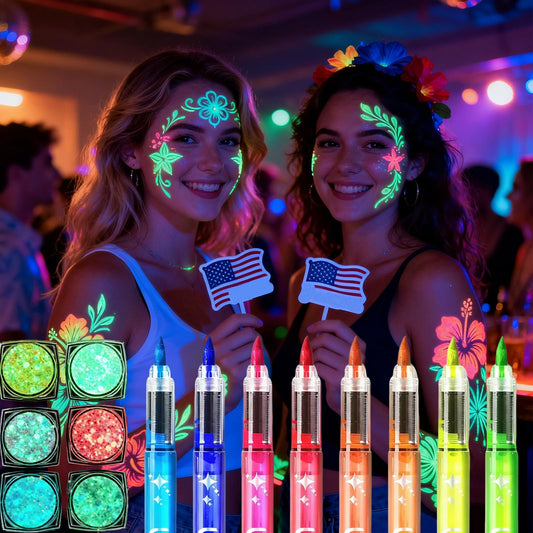 8 Colors Glow in The Dark Face Paint Markers,6 Colors Glow in The Dark Body Face Glitter Gel,UV Neon Body Paint Pens for 250th Anniversary Party,Adult