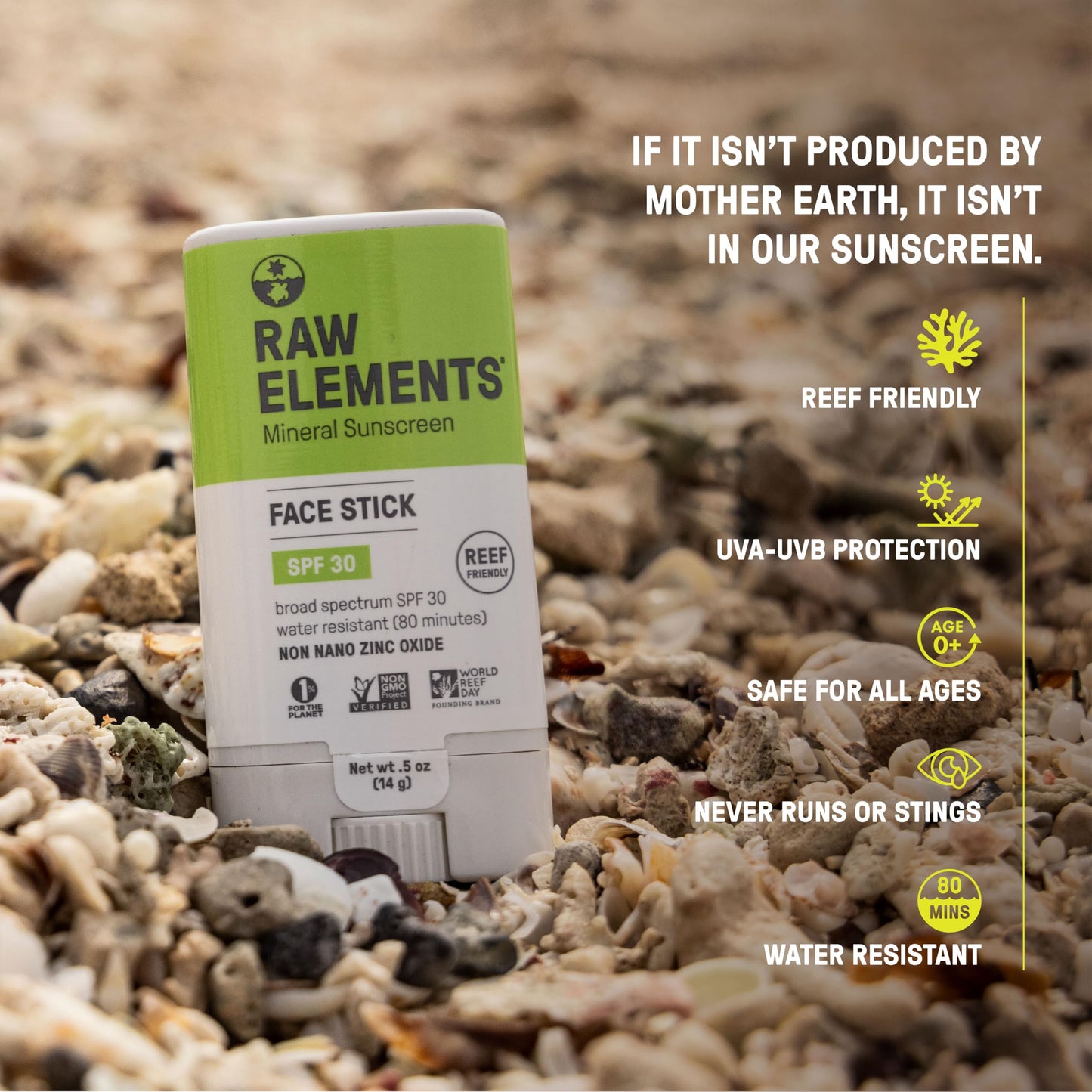 Raw Elements Face All-Natural Mineral Sunscreen Stick, Non-Nano Zinc Oxide, 95% Organic, Water-Resistant 80 Min, Reef Safe, All Ages Safe, SPF 30+