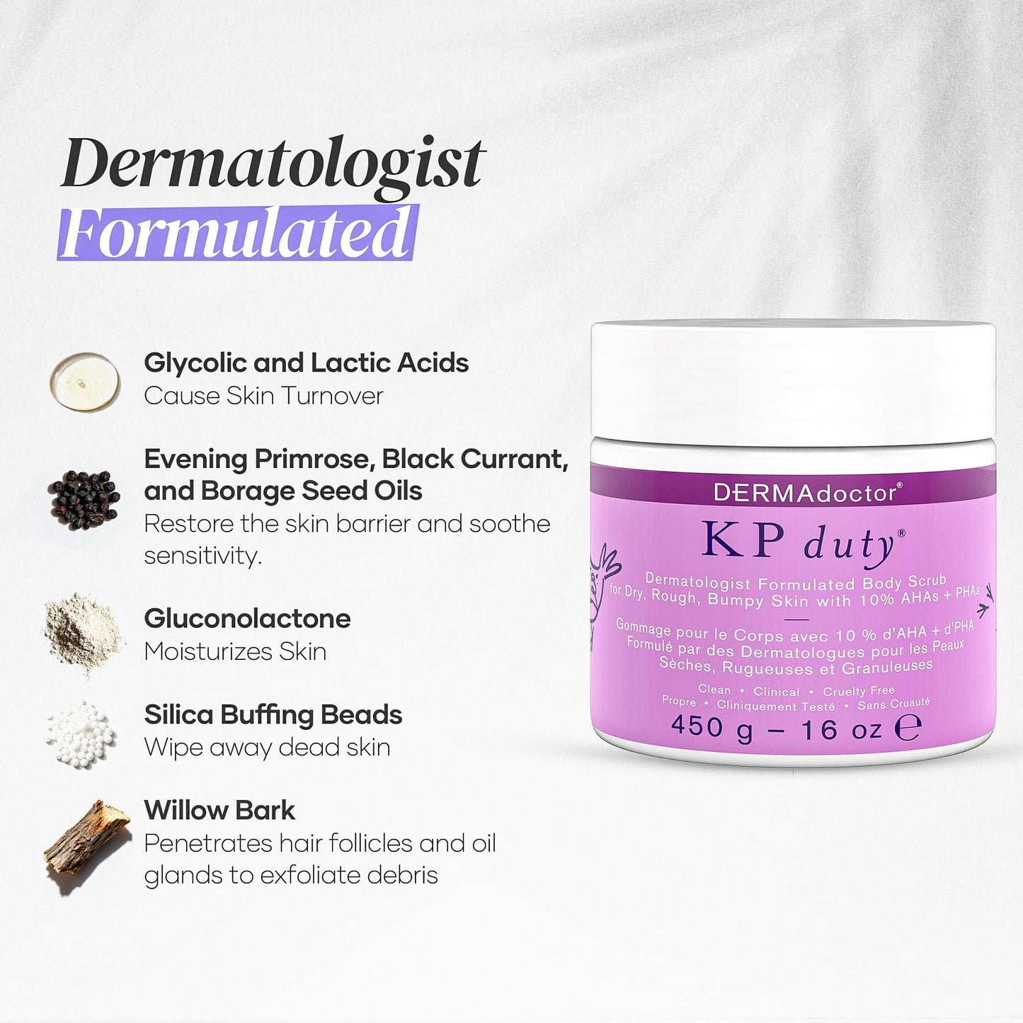 DERMAdoctor KP Bump Eraser Body Scrub with 10% AHAs + PHAs for Keratosis Pilaris, Dry, Rough, and Bumpy Skin, Dermatologist Formulated Exfoliating