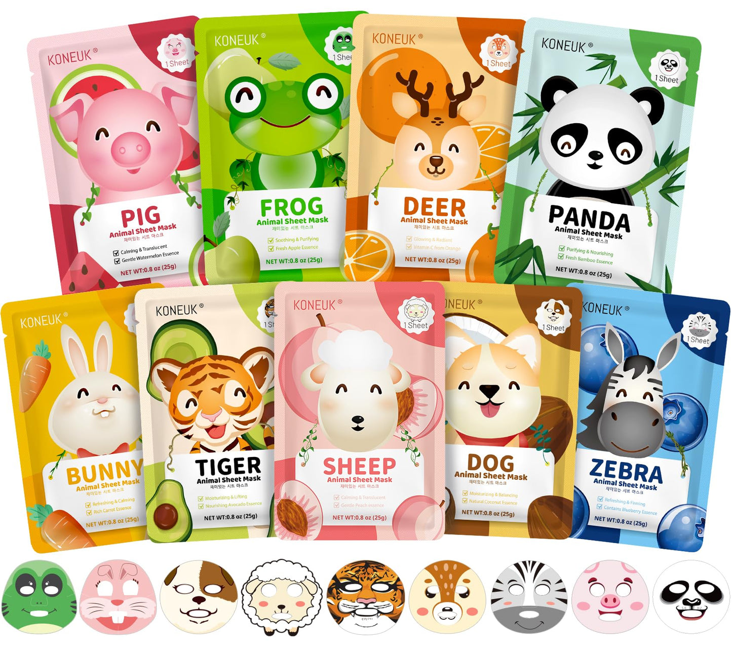 KONEUK 9 Pack Animal Face Masks Skincare for Kids, Bulk Sheet Hydrating Face Mask for Kids Skin Care, Collagen Face Mask for Teens Women, Sleepover Beauty and Personal Care KONEUK