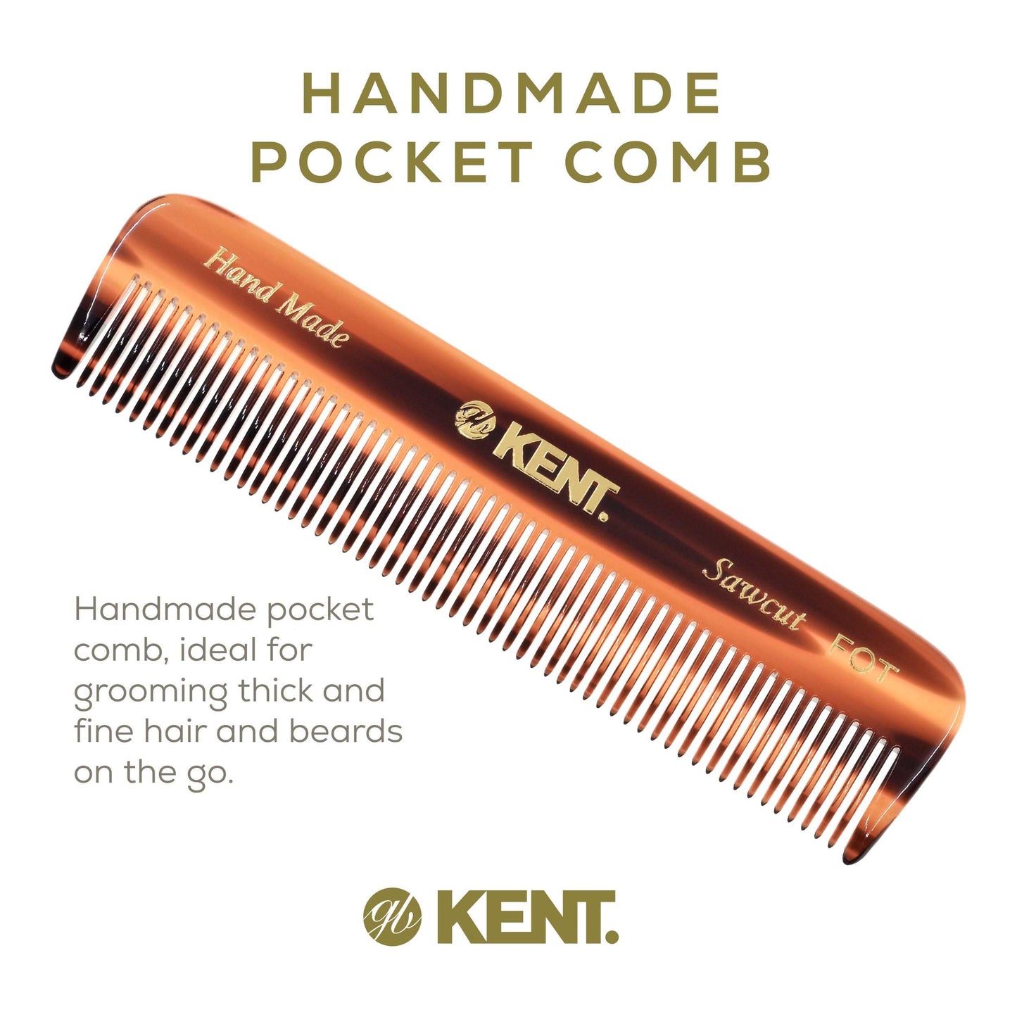 Kent A FOT Tortoise Fine Tooth Handmade Pocket Comb for Men, Women and Kids, Hair Comb Straightener for Everyday Grooming and Styling, Beard Beauty and Personal Care KENT