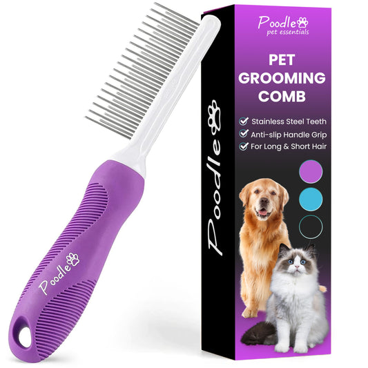 Poodle Pet Detangling Comb – Long & Short Stainless Steel Teeth for Removing Mats, Knots & Tangles, Gentle Grooming for Dogs & Cats