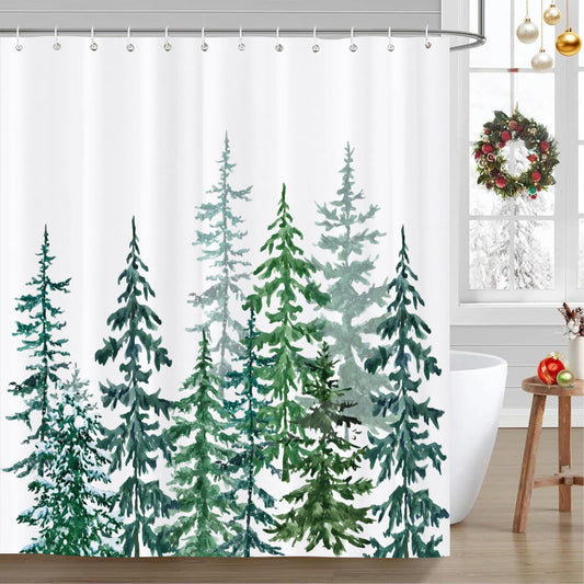 JOOCAR Christmas Shower Curtain Green Tree White Snow Landscape Waterproof Fabric Shower Curtains for Bathroom Farmhouse Rustic Modern Bath Curtain…