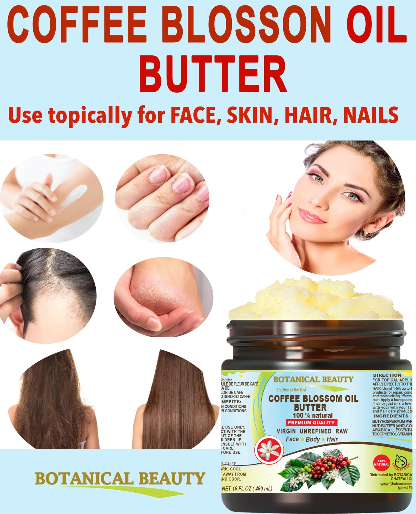 Botanical Beauty COFFEE BLOSSOM OIL BUTTER 100% Natural Coffee Blossom Essential Oil in Shea Nut Butter for FACE, SKIN, BODY, HAIR, NAILS. Beauty Skin