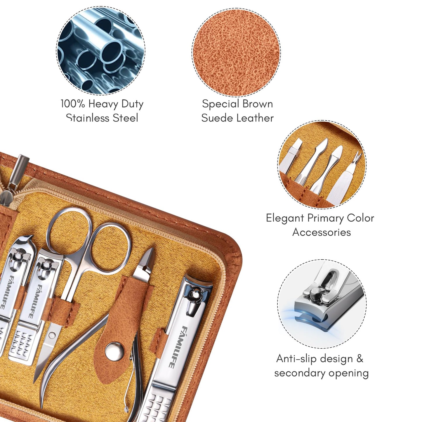 FAMILIFE Manicure Set, Nail Professional Kit Manicure Kits Nail Clipper Sets, 13PCS Stainless Steel Pedicure Sets Mens Grooming Tool, with Brown