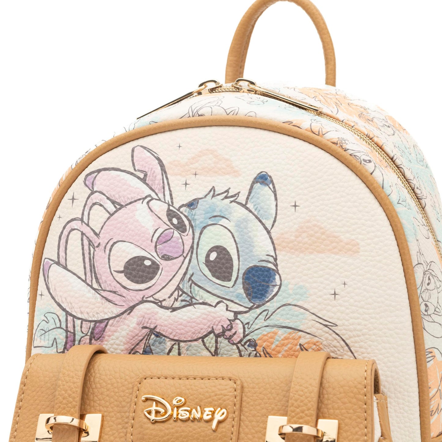Wondapop - Stitch and Angel Hug It Out 11"" Vegan Leather Fashion Mini Backpack, Brown