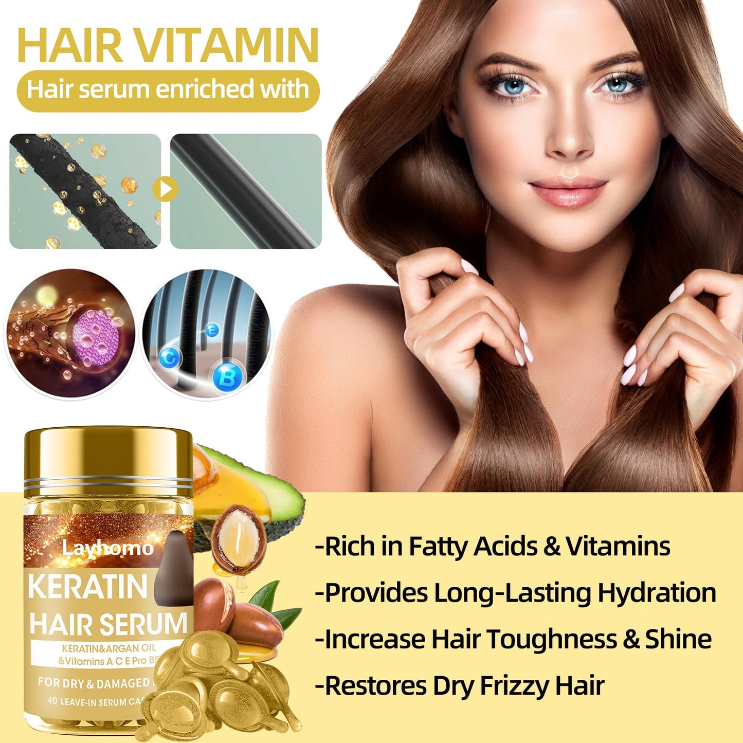 Keratin Hair Treatment Serum,Hair Serum Treatment for Dry Damaged Hair,Hair Oil Capsules with Keratin,Argan Oil-Leave-in Anti Frizz Conditioner Beauty and Personal Care Layhomo