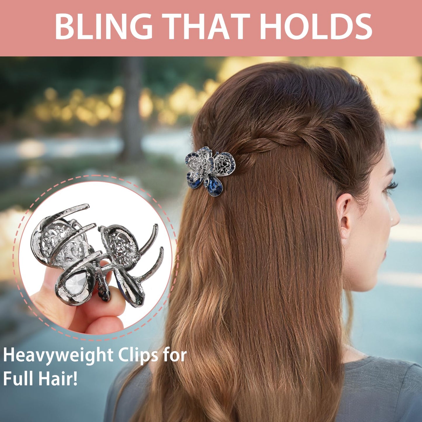 kilofly 3pc Vintage Crystal Hair Claw Clips Long Thick Hair Metal Clamps