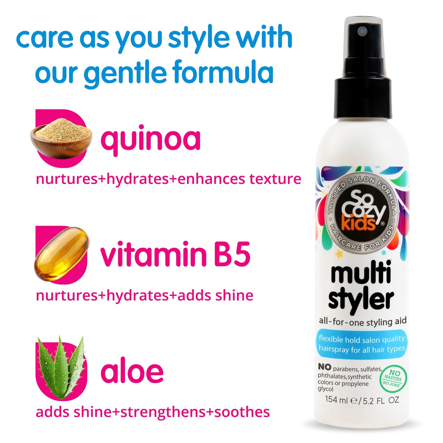 SoCozy Multi Styler, Styling Hair Spray for Kids, Safe for Everyday Use (5.2 Fl Oz) Holds Like a Light Gel, Gentle Formula with Quinoa, Vitamin B5