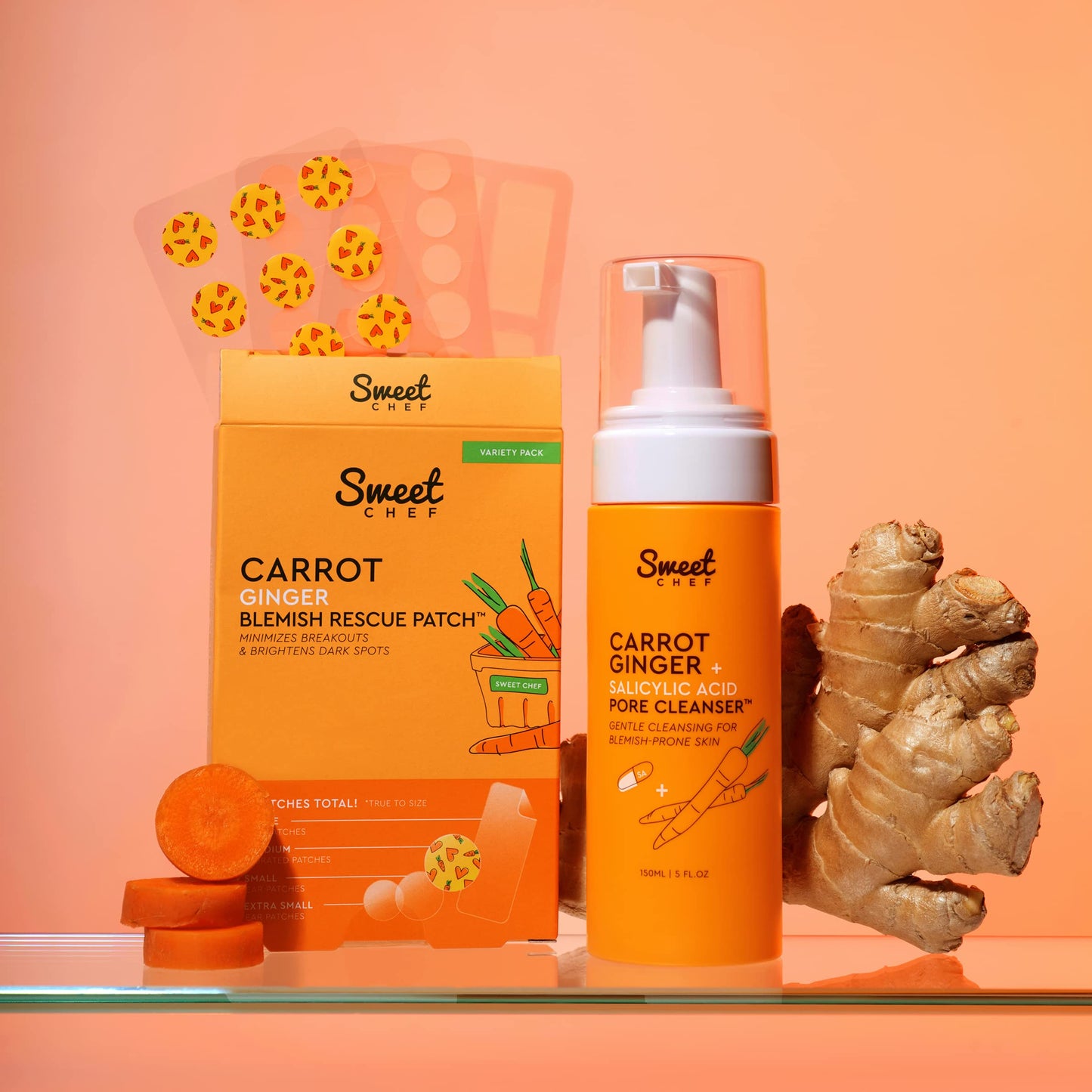 Sweet Chef Carrot Ginger Rescue Blemish Patches - Hydrocolloid Bandages Spot Treatment - 4 Different Shape and Size Pimple Patches with Resurfacing