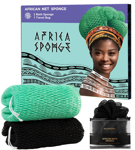 African Exfoliating Net Sponge Black & Seawave - 2 Pack Real African Net Authentic - Body Wash Scrubber for Shower Bath - Africa Bath Sponges for Men Beauty and Personal Care RelaxScene