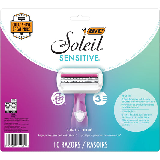 BIC Soleil 3 Sensitive Women's Disposable 3 Blade Razors, Comfort Shield and Aloe Vera Moisture Strip, 10-Pack Beauty and Personal Care BIC