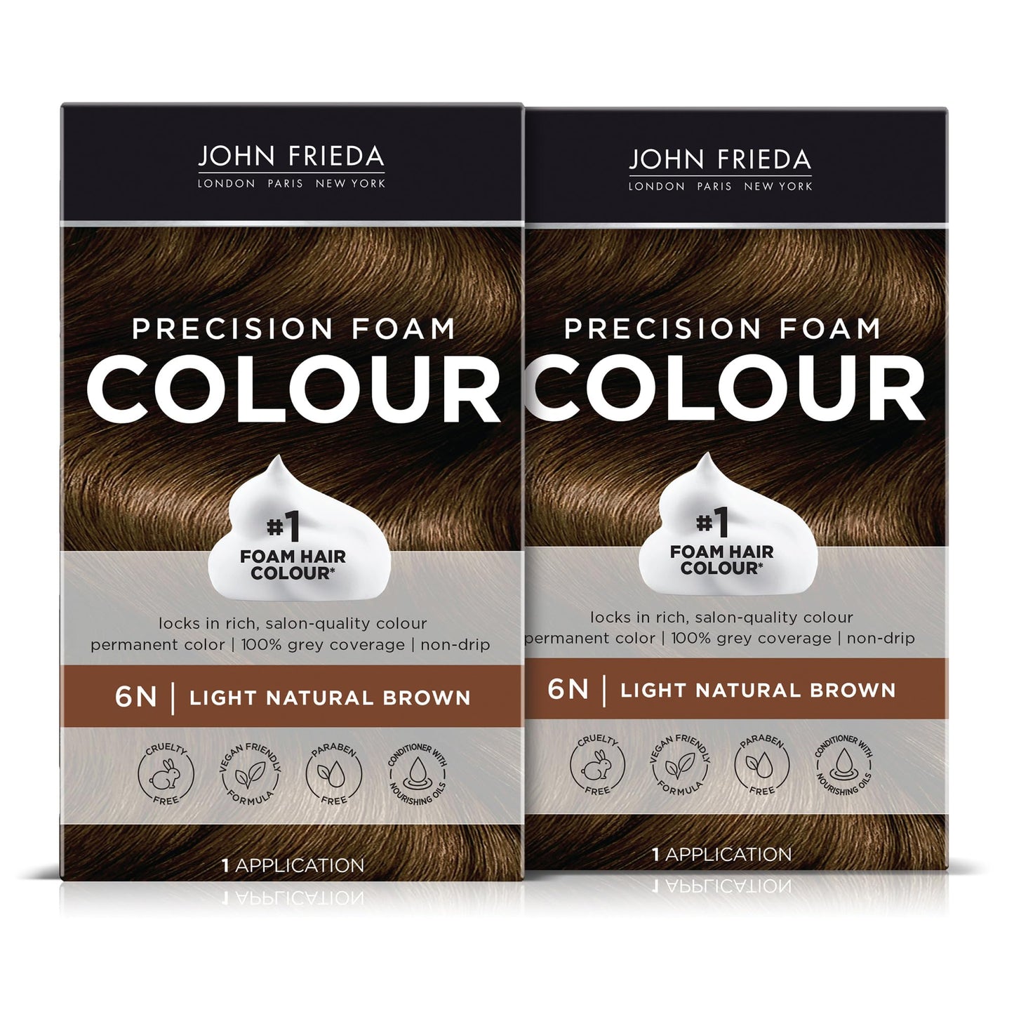 John Frieda Precision Foam Colour, Light Natural Brown 6N, Full-coverage Hair Color Kit, Anti-Fade Gray Coverage, Deep Color Saturation Hair Dye, Pack