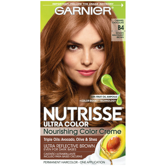 Garnier Nutrisse Ultra Color Nourishing Permanent Hair Color Cream, B4 Caramel Chocolate (1 Kit) Brown Hair Dye (Packaging May Vary) Beauty & Personal Care Garnier