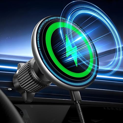 UPTOHIGH for 15W Magsafe Car Mount Charger, [Vibrant LED Decoration] Wireless Car Charger, Magnetic Phone Holder Mount for Air Vent, Phone Holders…