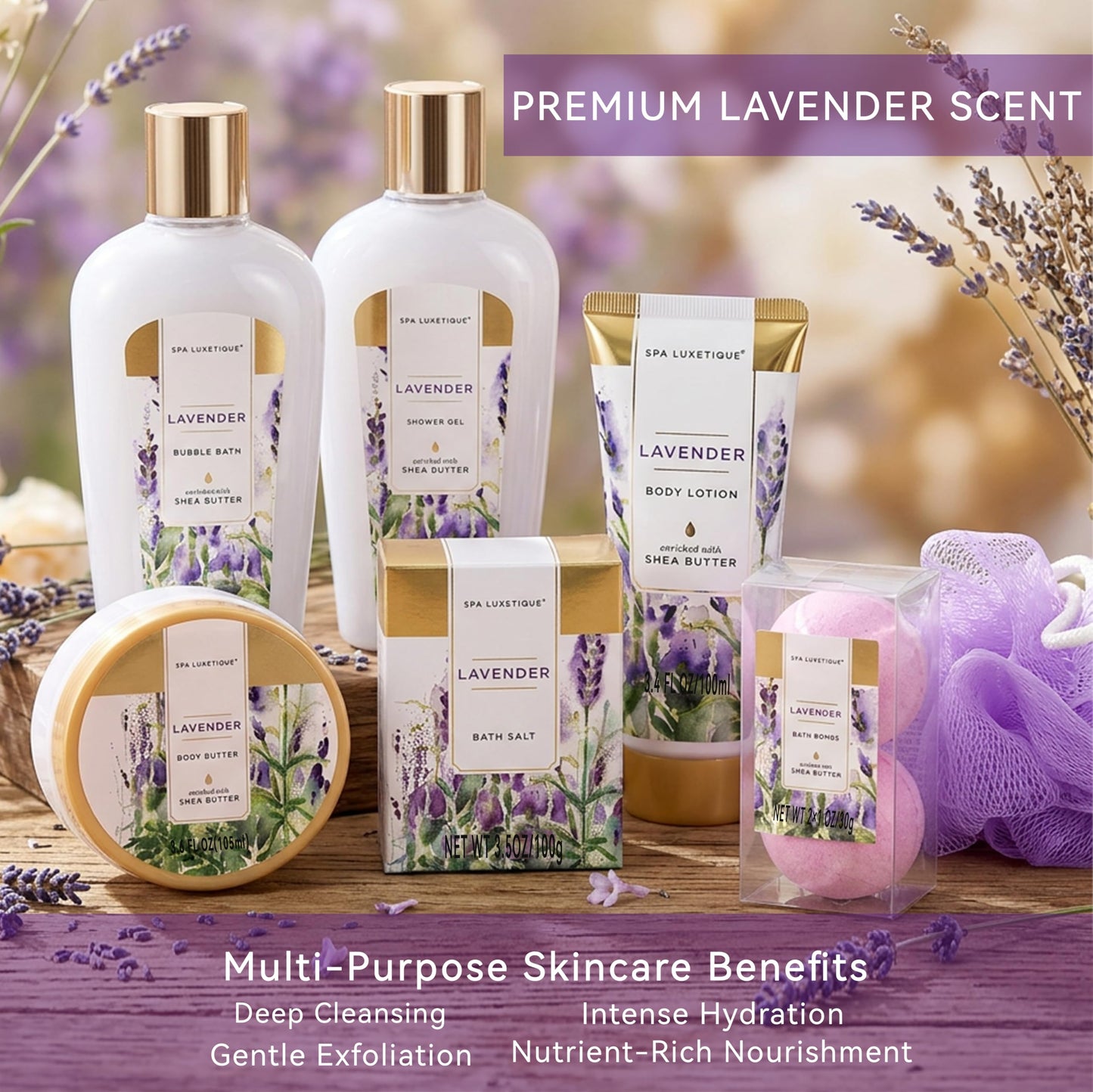 spa luxetique Spa Gift Baskets for Women, 8 Pcs Lavender Lotion Set with Bubble Bath, Shower Gel, Birthday Anniversary Self Care Kit for Her, Mothers